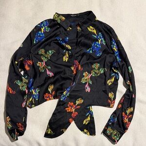 Nasty Gal Black Floral Button-Up Shirt